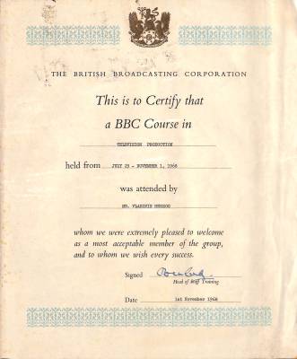 Certificado de conclusão do curso de Produção Televisiva na BBC, 1968
